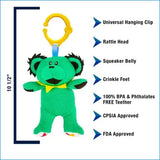 Green plush bear teether with a yellow hanging clip, shown with feature callouts and a 10 1/2 inch height measurement on a white background.
