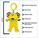 Yellow plush toy with features listed on a white background