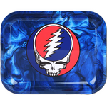 Metal tray with Grateful Dead logo on a blue flame design