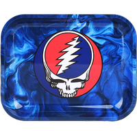 Metal tray with Grateful Dead logo on a blue flame design