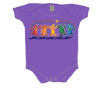 Purple infant onesie with colorful dancing skeleton design across the chest.