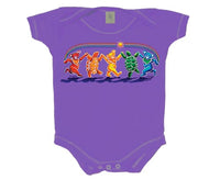 Purple infant onesie with colorful dancing skeleton design across the chest.