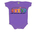 Purple infant onesie with colorful dancing skeleton design across the chest.