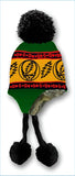 Green, yellow, and red knitted beanie with a black pom-pom on top and matching ones at the ends of the ear flaps.