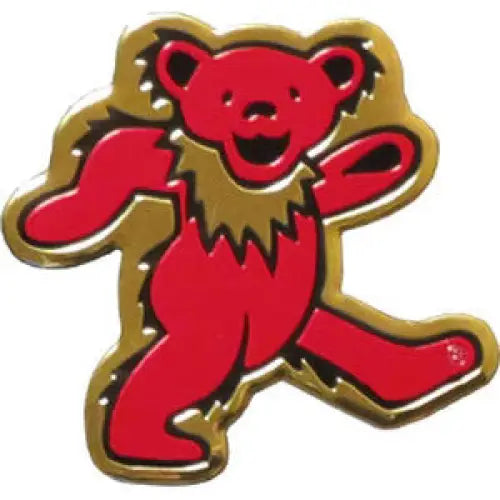 Red dancing bear logo with gold border on a white background