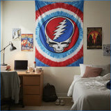 Red, white, and blue tie-dye tapestry featuring the iconic grateful dead skull logo.