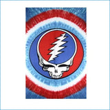 Red, white, and blue tie-dye flag featuring the iconic grateful dead skull logo with a lightning bolt.