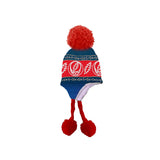 Knitted hat with red pom-poms and a blue and red pattern on a white background