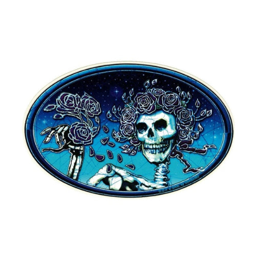 Oval-shaped sticker with a skull and skeleton design on a blue background