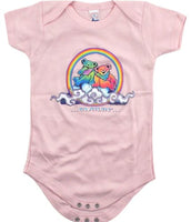 Pink baby onesie with a colorful Grateful Dead dancing bears design.