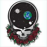 Silver enamel pin featuring a skull with a cosmic design inside its head, including earth and stars, surrounded by red roses.