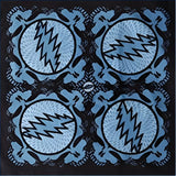 Blue and black patterned bandana featuring four circular designs with lightning bolt motifs.