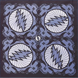 Blue bandana with four circular designs featuring lightning bolt patterns in white and gray, framed by intricate lace-like borders.
