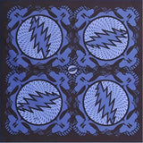 Blue bandana featuring a repeating pattern of circular designs with lightning bolt motifs and intricate lace-like borders.