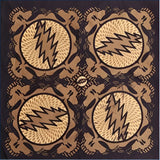 This is a dark brown bandana featuring four circular designs with lightning bolt patterns in beige and black, arranged symmetrically on the fabric.