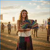 Young woman smiling at festival holding colorful spiral dancing bears clacker fan