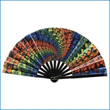 Colorful hand fan with a tie-dye pattern on a white background