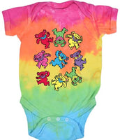 Tie-dye baby onesie featuring colorful dancing bear designs.