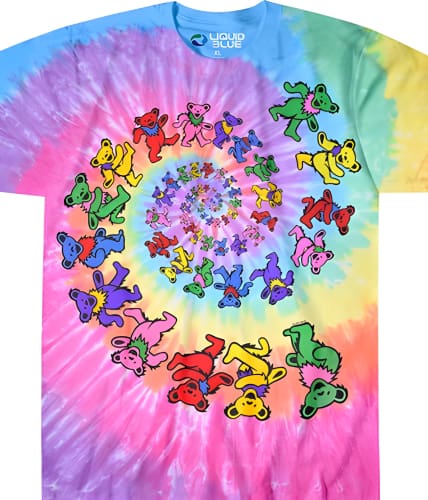 Tie-dye t-shirt featuring colorful dancing bear designs in a spiral pattern.