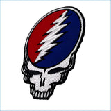 Red and blue embroidered patch featuring a stylized skull with a white lightning bolt across its forehead.