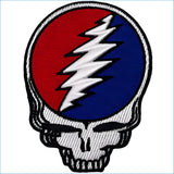 Red and blue embroidered patch featuring a white lightning bolt across the skull design.