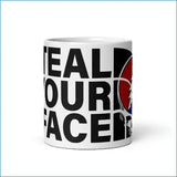 White ceramic mug featuring bold black text reading ’steal your peace’ alongside a red and blue grateful dead logo.