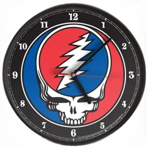 Wall clock featuring the Grateful Dead ’Steal Your Face’ skull logo design.