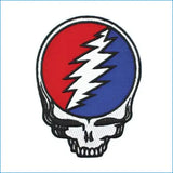 Red and blue embroidered patch featuring a white lightning bolt across the skull design.