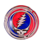 round glass ashtray with a Grateful Dead Steal Your Face Logo
