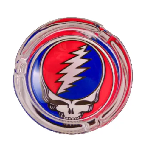 round glass ashtray with a Grateful Dead Steal Your Face Logo