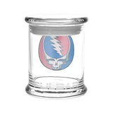 Clear glass jar with a matching lid, featuring a colorful circular logo of the grateful dead skull design in pink and blue.