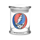 Clear glass jar with a matching lid, featuring the iconic grateful dead logo in red and blue on its side.