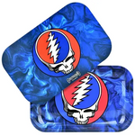 Two blue marbled rolling trays with Grateful Dead logo on a white background