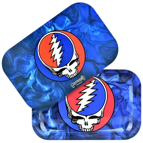 Two blue marbled rolling trays with Grateful Dead logo on a white background