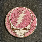 Pink and white Grateful Dead ’Steal Your Face’ skull logo pin with floral patterns.