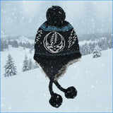 Black knit hat with pom-poms and a skull design against a snowy background