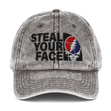 Gray denim cap with 'Steal Your Face' design on a white background