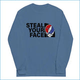 Blue long-sleeve shirt with 'Steal Your Face' graphic design on a white background