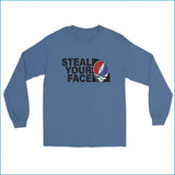 Blue long-sleeve shirt with 'Steal Your Face' graphic design on a white background