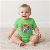 Bright green grateful dead turtle baby onesie with colorful circular turtle and lightning bolt graphic for baby deadheads
