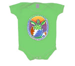 Bright green infant onesie with a colorful turtle design on the front.