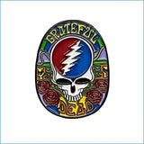 Colorful Grateful Dead logo with skull and roses on a white background