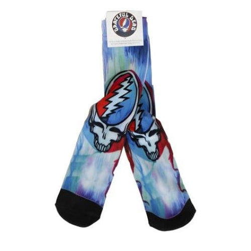 Tie-dye socks with skull design on a white background