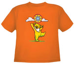 Orange t-shirt featuring a cartoon yellow bear balancing a colorful ball.