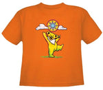 Orange t-shirt featuring a cartoon yellow bear balancing a colorful ball.