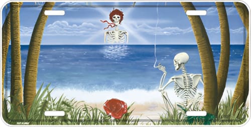 Surreal beach scene with skeletons emerging from the water and sand.