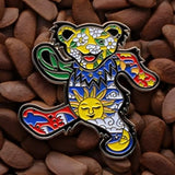 Colorful bear-shaped pin with floral and sun designs on a bed of brown seeds.
