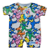 Baby romper with colorful bear pattern on a white background