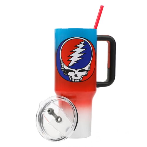 Insulated travel mug featuring the Grateful Dead ’Steal Your Face’ skull logo.