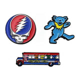 Blue grateful dead bear pin with yellow collar and black outline.
